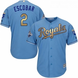 Youth Majestic Kansas City Royals 2 Alcides Escobar Authentic Light Blue 2015 World Series Champions Gold Program Cool Base MLB Jersey