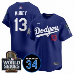 Men Los Angeles Dodgers 13 Max Muncy Royal 2024 World Series With Fernando Memorial Patch Alternate Limited Stitched Baseball Jersey