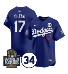 Men Los Angeles Dodgers 17 Shohei Ohtani Royal 2024 World Series With No  34 Patch Limited Stitched Baseball Jersey