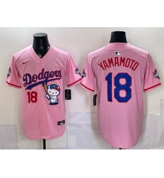 Men Los Angeles Dodgers  18 Yoshinobu Yamamoto Pink Hello Kitty Night 2025 World Series Champions Patch Stitched Baseball Jersey