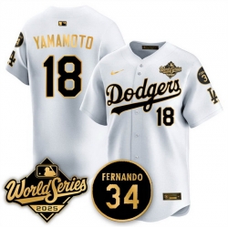 Men Los Angeles Dodgers 18 Yoshinobu Yamamoto White Gold 2025 World Series With No 34 Patch Limited Stitched Baseball Jersey