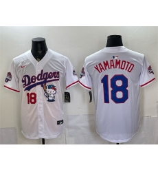 Men Los Angeles Dodgers  18 Yoshinobu Yamamoto White Hello Kitty Night 2025 World Series Champions Patch Stitched Baseball Jersey