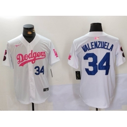 Men Los Angeles Dodgers 34 Fernando Valenzuela White Pink Vin  26 Kobe Patch Stitched Baseball Jersey 1