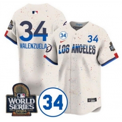 Men Los Angeles Dodgers 34 Toro Valenzuela Cream 2024 World Series With No  34 Patch City Connect Limited Stitched Baseball Jersey