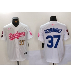 Men Los Angeles Dodgers 37 Teoscar Hernandez White Pink Vin  26 Kobe Patch Stitched Baseball Jersey