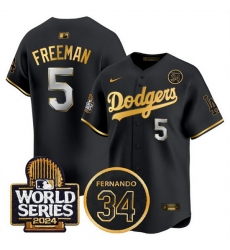 Men Los Angeles Dodgers 5 Freddie Freeman Black Gold 2024 World Series With Fernando Memorial Patch Limited Stitched Baseball Jersey