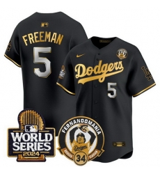 Men Los Angeles Dodgers  5 Freddie Freeman Black Gold Fernando Valenzuela   2024 World Series Patch Limited Stitched Baseball Jersey