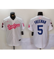 Men Los Angeles Dodgers 5 Freddie Freeman White Pink Vin  26 Kobe Patch Stitched Baseball Jersey 6