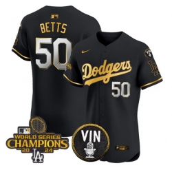 Men Los Angeles Dodgers 50 Mookie Betts Black Gold 2024 World Series Champions With Vin Patch Vapor Limited Stitched Baseball Jersey