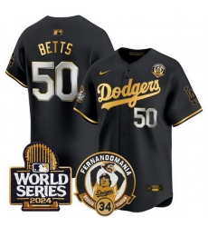 Men Los Angeles Dodgers 50 Mookie Betts Black Gold Fernando Valenzuela 2024 World Series Patch Limited Stitched Baseball Jersey Men Los Angeles Dodgers 50 Mookie Betts Black Gold Fernando Valenzuela 2024 World Series Patch Limited Stitched Baseball Jersey