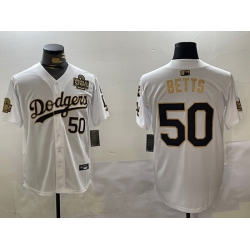 Men Los Angeles Dodgers 50 Mookie Betts White Gold 2024 World Series With Fernando Memorial Patch Limited Stitched Baseball Jersey 2