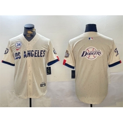 Men Los Angeles Dodgers Team Big Logo Cream 2024 World Series With No  34 Patch Limited Stitched Baseball Jersey 2