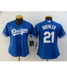 Women Dodgers 21 Walker Buehler Royal Women 2020 Nike Cool Base Jersey