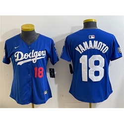 Women Los Angeles Dodgers 18 Yoshinobu Yamamoto Royal 2024 World Series With Fernando Memorial Patch Alternate Limited Stitched Baseball Jersey 