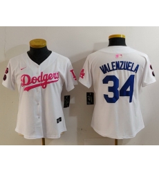 Women Los Angeles Dodgers 34 Fernando Valenzuela White Pink Vin  26 Kobe Patch Stitched Baseball Jersey