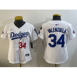 Women Los Angeles Dodgers 34 Toro Valenzuela White 2024 World Series Champions With Fernando Memorial Patch Home Limited Stitched Baseball Jersey 28Run Sma