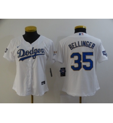 Women Los Angeles Dodgers Cody Bellinger 35 Championship Gold Trim White Limited All Stitched Cool Base Jersey