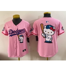 Women Los Angeles Dodgers Team Big Logo Pink Hello Kitty Night 2025 World Series Champions Patch Stitched Baseball Jersey Women Los Angeles Dodgers Team Big Logo Pink Hello Kitty Night 2025 World Series Champions Patch Stitched Baseball Jersey