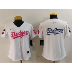 Women Los Angeles Dodgers Team Big Logo White Pink Vin  26 Kobe Patch Stitched Baseball Jersey 1