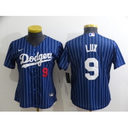 Women's Los Angeles Dodgers #9 Gavin Lux Navy Blue Pinstripe Stitched MLB Cool Base Nike Jersey