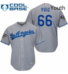 Youth Majestic Los Angeles Dodgers 66 Yasiel Puig Authentic Grey Road Cool Base 2018 World Series MLB Jersey