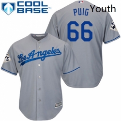 Youth Majestic Los Angeles Dodgers 66 Yasiel Puig Replica Grey Road 2017 World Series Bound Cool Base MLB Jersey