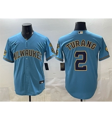 Men Milwaukee Brewers  2 Brice Turang Blue With Home   Bob Uecker Patch Stitched Baseball Jersey