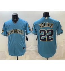 Men Milwaukee Brewers  22 Christian Yelich Blue With Home   Bob Uecker Patch Stitched Baseball Jersey