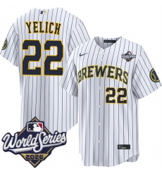 Men Milwaukee Brewers 22 Christian Yelich White 2026 World Series Stitched Baseball Jersey Men Milwaukee Brewers 22 Christian Yelich White 2026 World Series Stitched Baseball Jersey