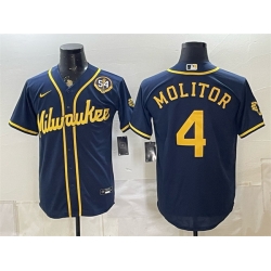 Men Milwaukee Brewers  4 Paul Molitor Navy With Home   Bob Uecker Patch Limited Stitched Baseball Jersey