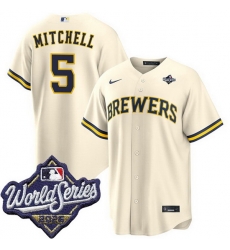 Men Milwaukee Brewers 5 Garrett Mitchell Cream 2026 World Series Stitched Baseball Jersey Men Milwaukee Brewers 5 Garrett Mitchell Cream 2026 World Series Stitched Baseball Jersey