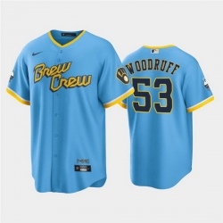 Men Milwaukee Brewers 53 Brandon Woodruff 2022 Powder Blue City Connect Cool Base Stitched Jersey