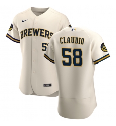 Men Milwaukee Brewers 58 Alex Claudio Men Nike Cream Home 2020 Flex Base Player MLB Jersey