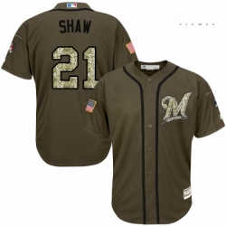 Mens Majestic Milwaukee Brewers 21 Travis Shaw Replica Green Salute to Service MLB Jersey