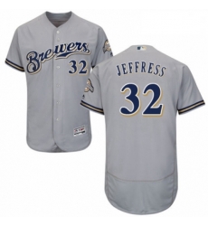 Mens Majestic Milwaukee Brewers 32 Jeremy Jeffress Grey Road Flex Base Authentic Collection MLB Jersey