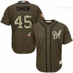 Mens Majestic Milwaukee Brewers 45 Jhoulys Chacin Replica Green Salute to Service MLB Jersey 