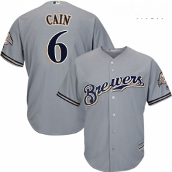 Mens Majestic Milwaukee Brewers 6 Lorenzo Cain Replica Grey Road Cool Base MLB Jersey 