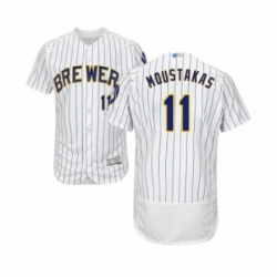 Mens Milwaukee Brewers 11 Mike Moustakas White Home Flex Base Authentic Collection Baseball Jersey