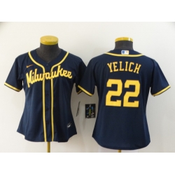 Women Brewers 22 Christian Yelich Navy Women Nike 2020 Cool Base Jersey