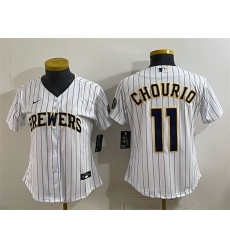 Women Milwaukee Brewers 11 Jackson Chourio White Cool Base Stitched Jersey Run Small Women Milwaukee Brewers 11 Jackson Chourio White Cool Base Stitched Jersey Run Small
