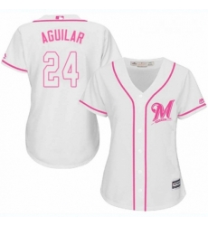 Womens Majestic Milwaukee Brewers 24 Jesus Aguilar Authentic White Fashion Cool Base MLB Jersey 