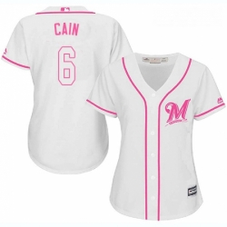 Womens Majestic Milwaukee Brewers 6 Lorenzo Cain Replica White Fashion Cool Base MLB Jersey 