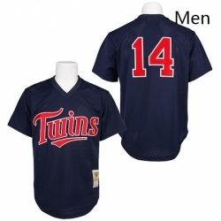 Mens Mitchell and Ness 1991 Minnesota Twins 14 Kent Hrbek Replica Navy Blue Throwback MLB Jersey