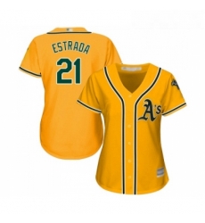 Womens Oakland Athletics 21 Marco Estrada Replica Gold Alternate 2 Cool Base Baseball Jersey 