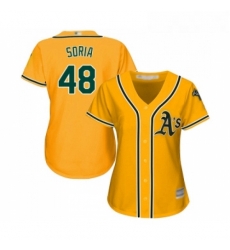 Womens Oakland Athletics 48 Joakim Soria Replica Gold Alternate 2 Cool Base Baseball Jersey 