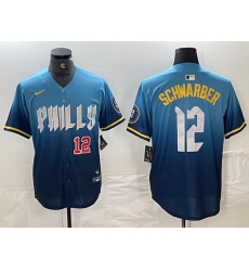 Men Philadelphia Phillies 12 Kyle Schwarber Blue 2024 City Connect Limited Stitched Jersey 2