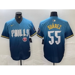 Men Philadelphia Phillies 55 Ranger Suarez Blue 2024 City Connect Limited Stitched Jersey 2