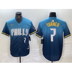 Men Philadelphia Phillies 7 Trea Turner Blue 2024 City Connect Limited Stitched Jersey 3