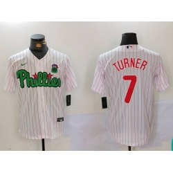 Men Philadelphia Phillies 7 Trea Turner White Green Cool Base Stitched Jersey 2