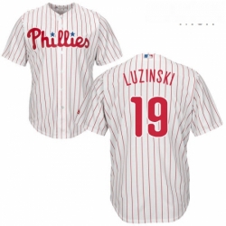 Mens Majestic Philadelphia Phillies 19 Greg Luzinski Replica WhiteRed Strip Home Cool Base MLB Jersey